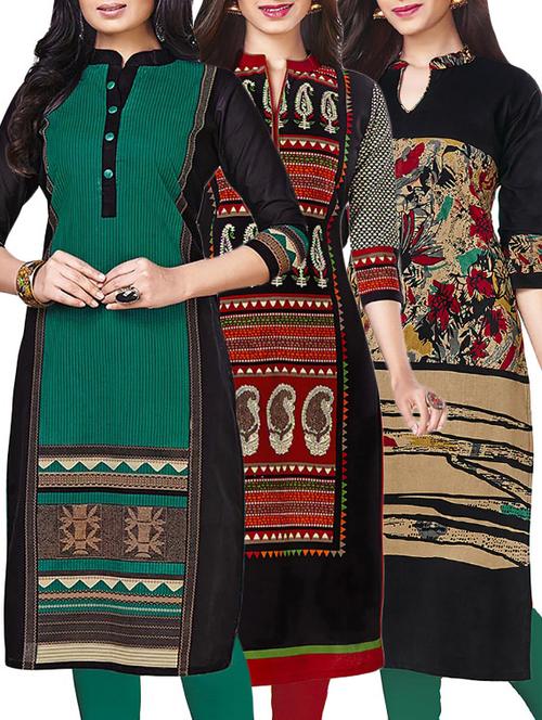 combos (set of 3 ) multi colored cotton unstitched kurta - 13673534 - Very Small Image - 1