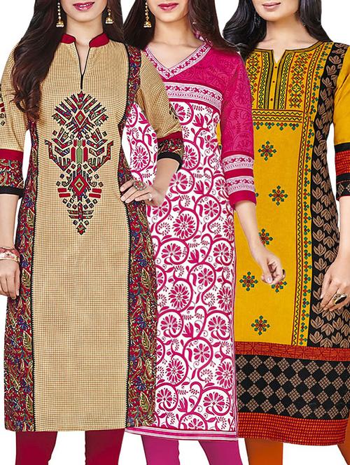 combos (set of 3 ) multi colored cotton unstitched kurta - 13673649 - Very Small Image - 1