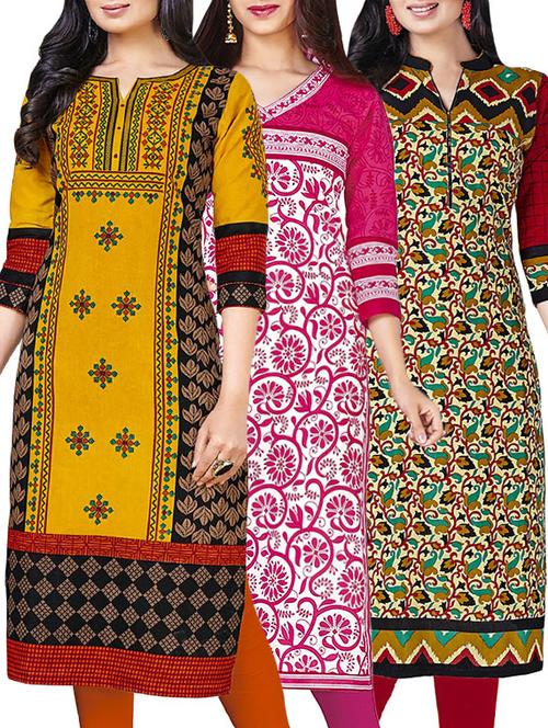 combos (set of 3 ) multi colored cotton unstitched kurta - 13673661 - Very Small Image - 1