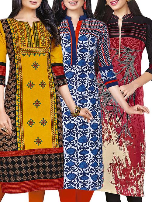 combos (set of 3 ) multi colored cotton unstitched kurta - 13673726 - Very Small Image - 1