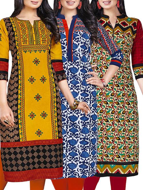 combos (set of 3 ) multi colored cotton unstitched kurta - 13673727 - Very Small Image - 1