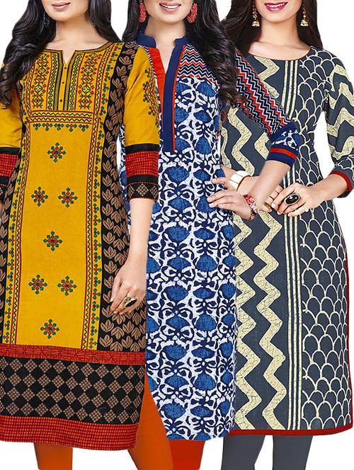 combos (set of 3 ) multi colored cotton unstitched kurta - 13673732 - Very Small Image - 1