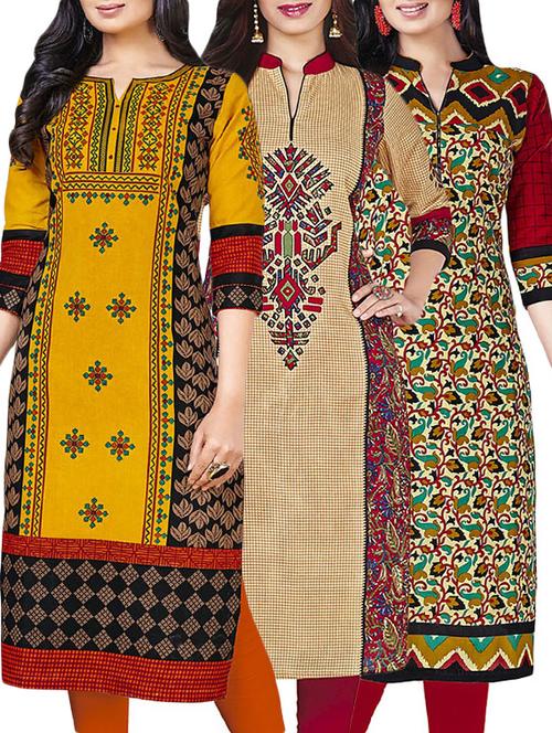 combos (set of 3 ) multi colored cotton unstitched kurta - 13673782 - Very Small Image - 1