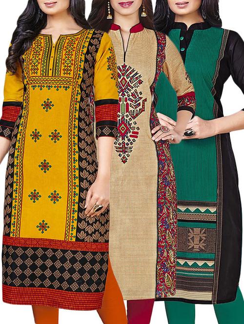 combos (set of 3 ) multi colored cotton unstitched kurta - 13673785 - Very Small Image - 1