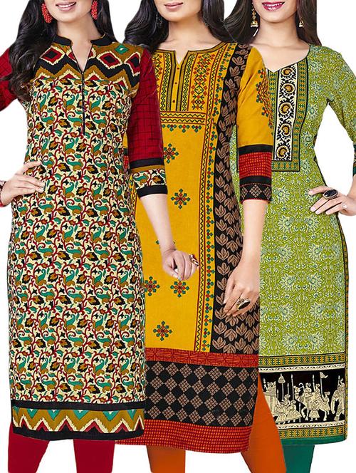 combos (set of 3 ) multi colored cotton unstitched kurta - 13673845 - Very Small Image - 1