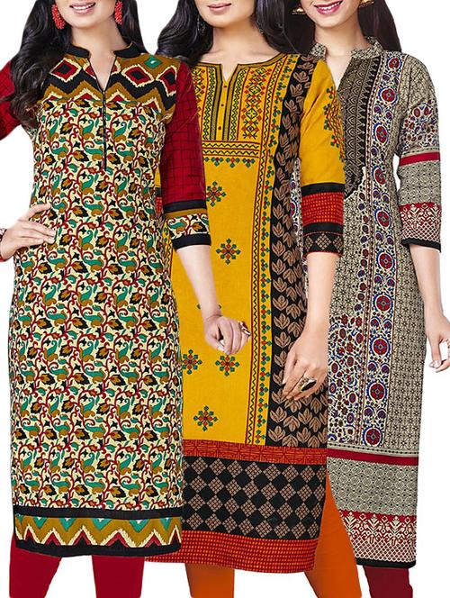 combos (set of 3 ) multi colored cotton unstitched kurta - 13673846 - Very Small Image - 1