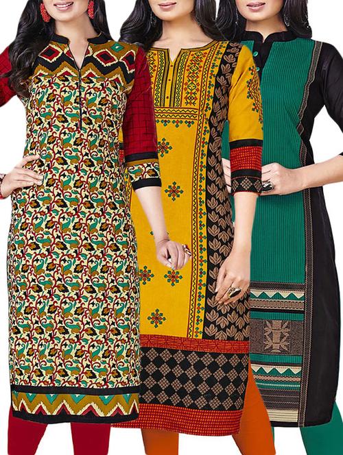 combos (set of 3 ) multi colored cotton unstitched kurta - 13673847 - Very Small Image - 1