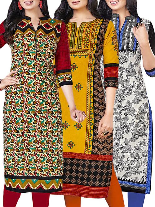 combos (set of 3 ) multi colored cotton unstitched kurta - 13673848 - Very Small Image - 1