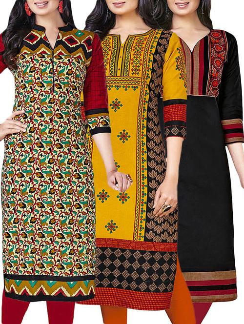 combos (set of 3 ) multi colored cotton unstitched kurta - 13673852 - Very Small Image - 1