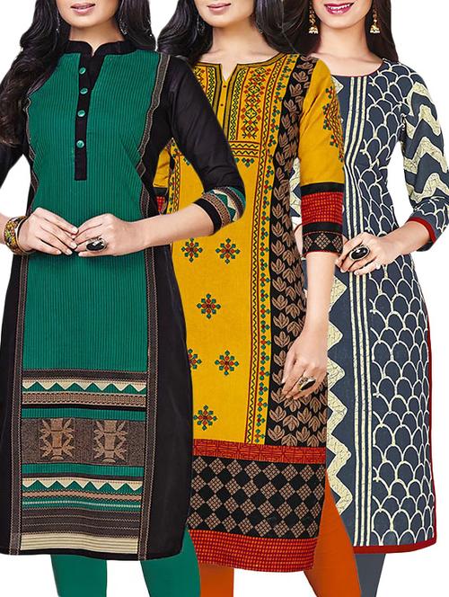 combos (set of 3 ) multi colored cotton unstitched kurta - 13673867 - Very Small Image - 1
