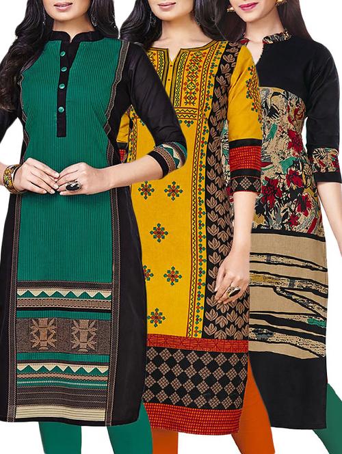 combos (set of 3 ) multi colored cotton unstitched kurta - 13673869 - Very Small Image - 1