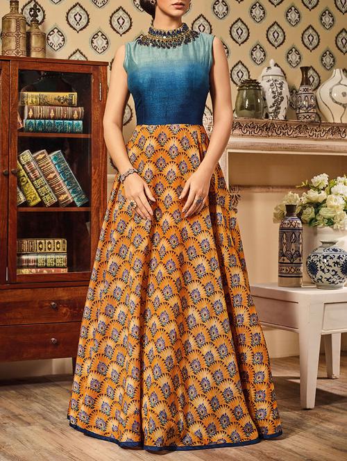 orange embellished flared semi-stitched suit - 13685137 - Very Small Image - 1