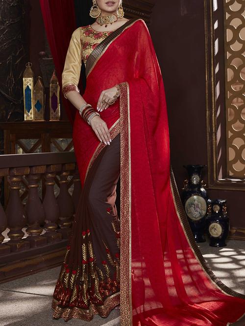 brown georgette half and half saree with blouse - 13685167 - Very Small Image - 1