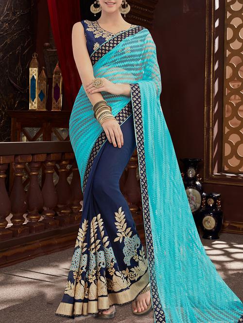blue georgette half and half saree with blouse - 13685168 - Very Small Image - 1
