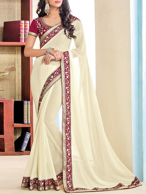 beige georgette bordered saree with blouse - 13685177 - Very Small Image - 1