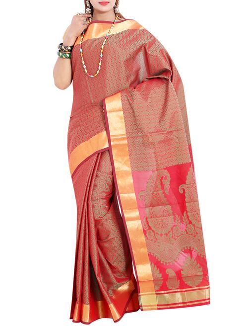 red silk blend woven saree with blouse - 13685813 - Very Small Image - 1