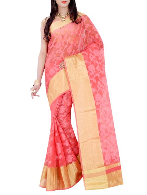 peach silk blend woven saree with blouse - 13685836 - Very Small Image - 1