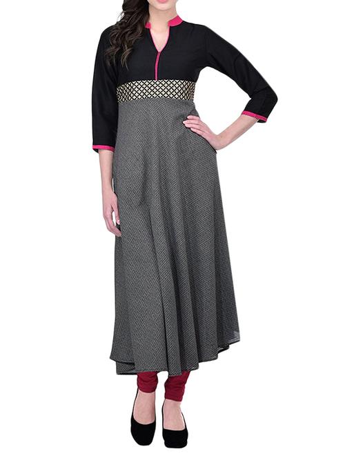 grey cotton long flared kurta - 13686772 - Very Small Image - 1