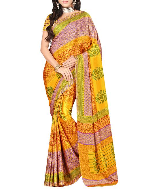 yellow crepe printed saree with blouse - 13687166 - Very Small Image - 1