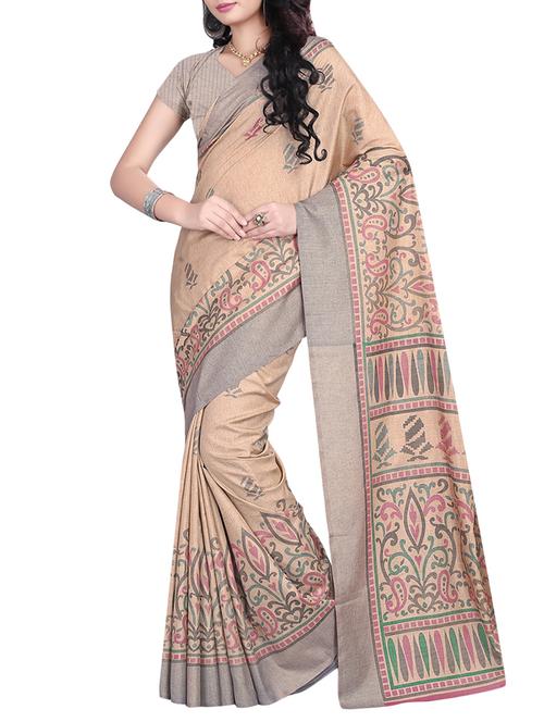 beige cotton printed saree with blouse - 13687170 - Very Small Image - 1
