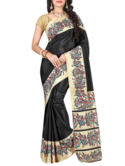 black crepe printed saree with blouse - 13687179 - Very Small Image - 1