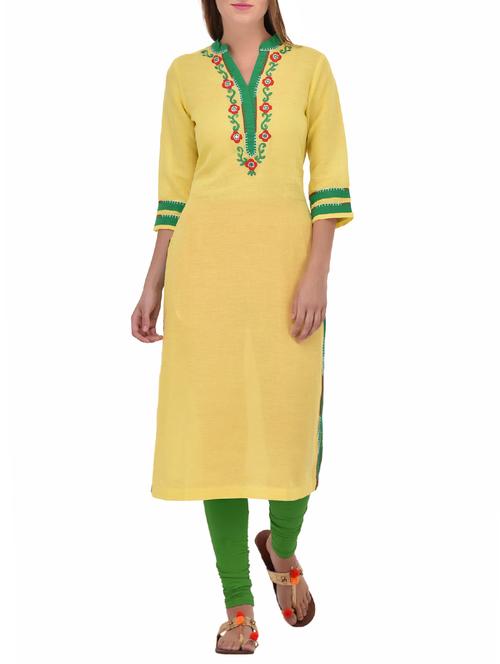 yellow linen embroidered straight kurta - 13690703 - Very Small Image - 1