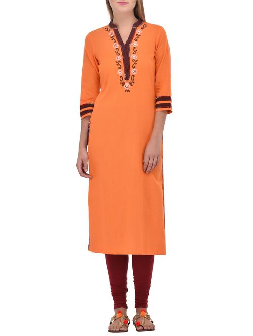 orange linen embroidered straight kurta - 13690704 - Very Small Image - 1