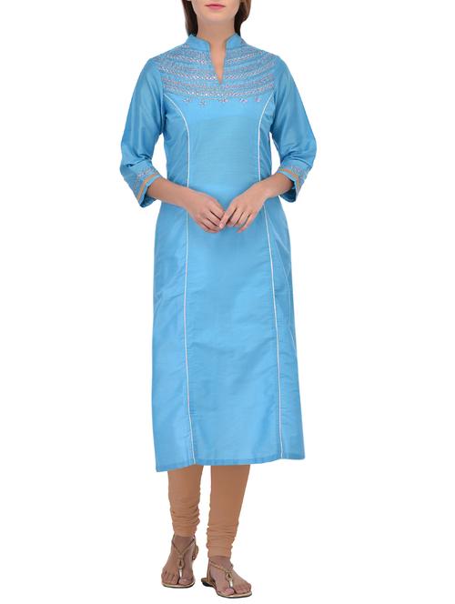 sky blue silk straight kurta - 13690711 - Very Small Image - 1