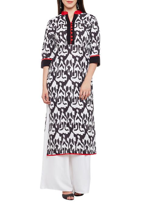 black & white cotton printed straight kurta - 13691566 - Very Small Image - 1