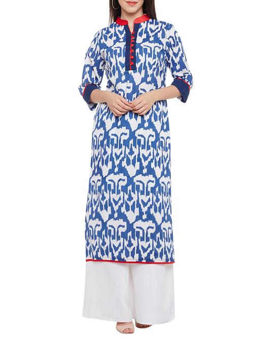 blue & white cotton printed straight kurta - 13691567 - Very Small Image - 1