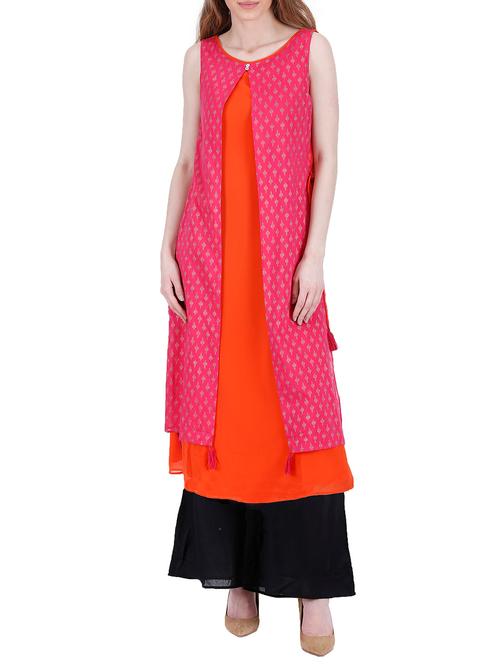 red and pink poly georgette printed layered kurta - 13692745 - Very Small Image - 1