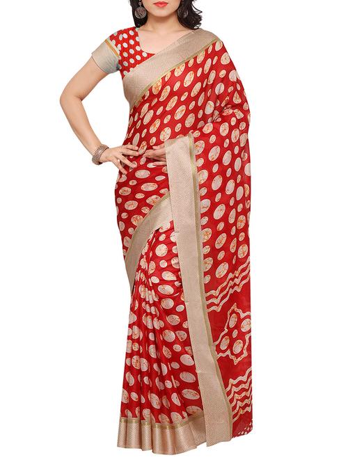 red cotton silk printed saree with blouse - 13698769 - Very Small Image - 1