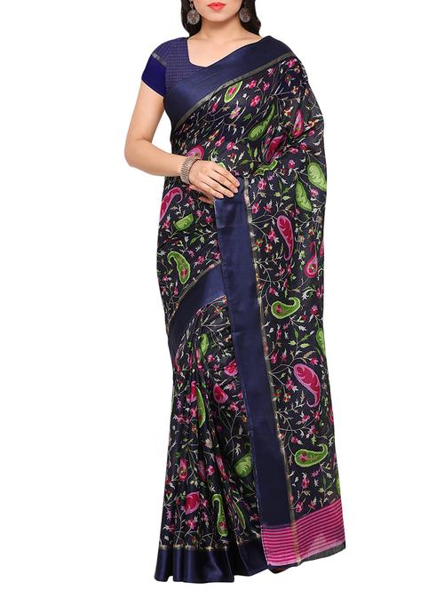 navy blue cotton silk printed saree with blouse - 13698772 - Very Small Image - 1