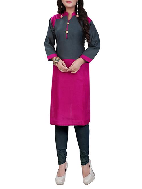 pink & black cotton colour block straight kurta - 13699952 - Very Small Image - 1