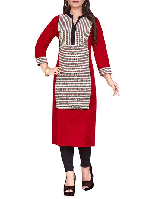red cotton striped straight kurta - 13699955 - Very Small Image - 1