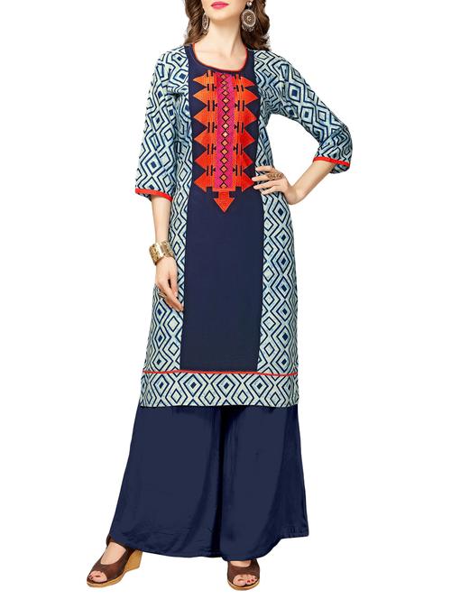 indigo rayon embroidered straight kurta - 13699959 - Very Small Image - 1
