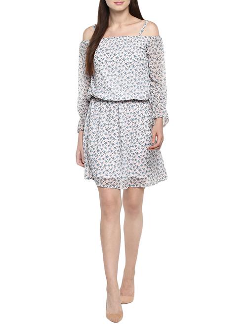white floral printed georgette blouson dress - 13701768 - Very Small Image - 1