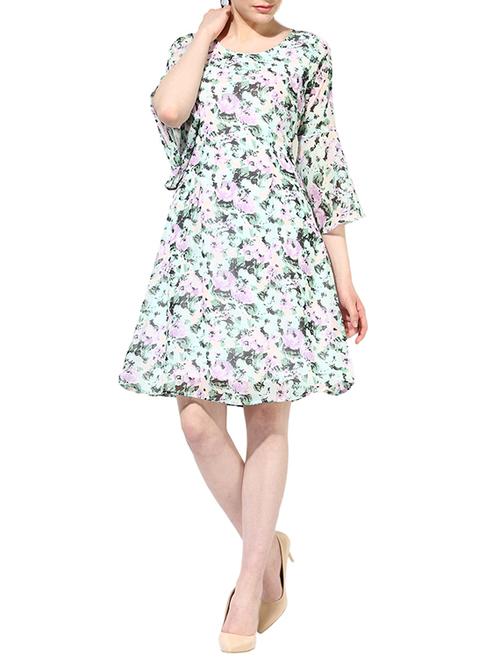 light blue floral printed georgette a-line dress - 13701771 - Very Small Image - 1
