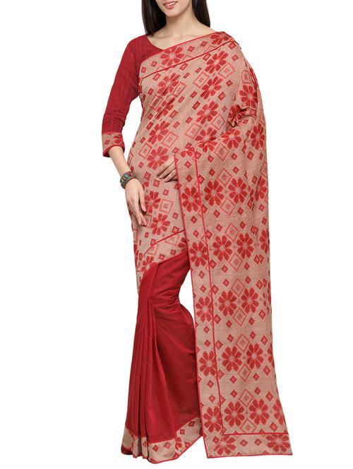 red cotton blend half and half saree - 13709944 - Very Small Image - 1