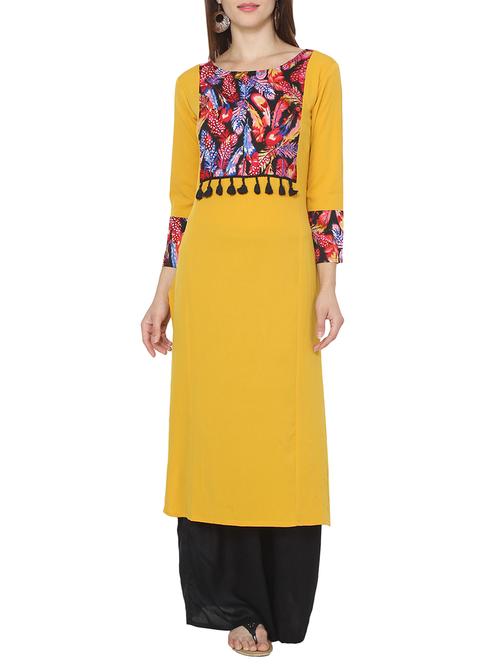 yellow poly crepe printed straight kurta - 13711838 - Very Small Image - 1