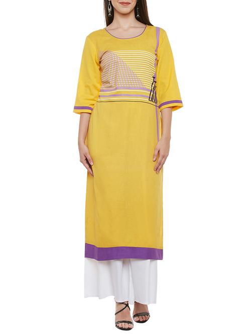 yellow cotton straight kurta - 13711898 - Very Small Image - 1
