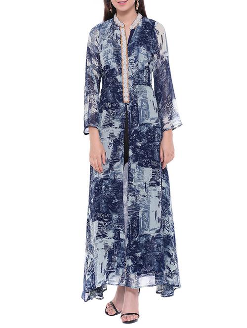 blue georgette printed long kurta - 13718842 - Very Small Image - 1