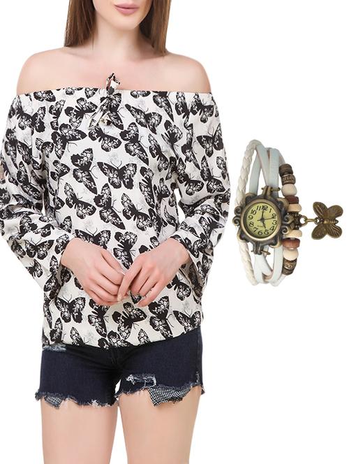 black printed poly crepe regular top with watch - 13721540 - Very Small Image - 1