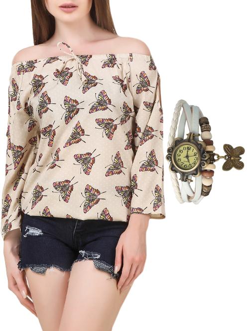 beige printed poly crepe regular top with watch - 13721542 - Very Small Image - 1