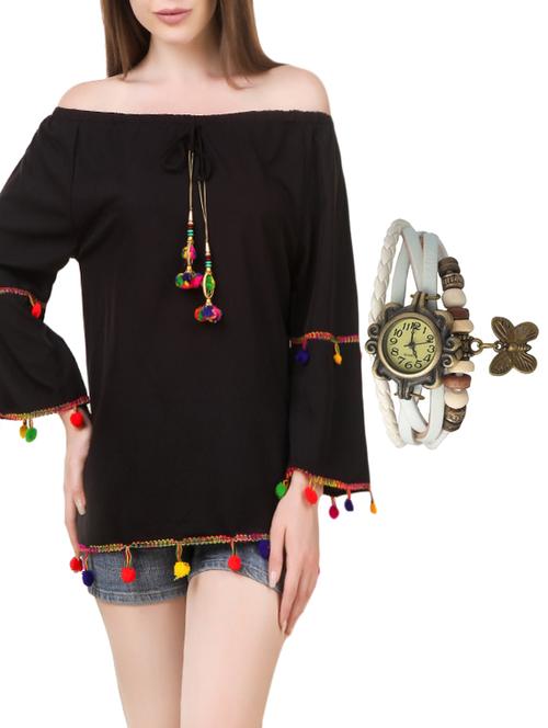 black poly crepe regular top with watch - 13721545 - Very Small Image - 1