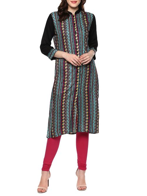 blue rayon printed straight kurta - 13722530 - Very Small Image - 1