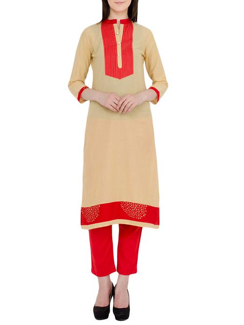 beige cotton straight kurta - 13722903 - Very Small Image - 1