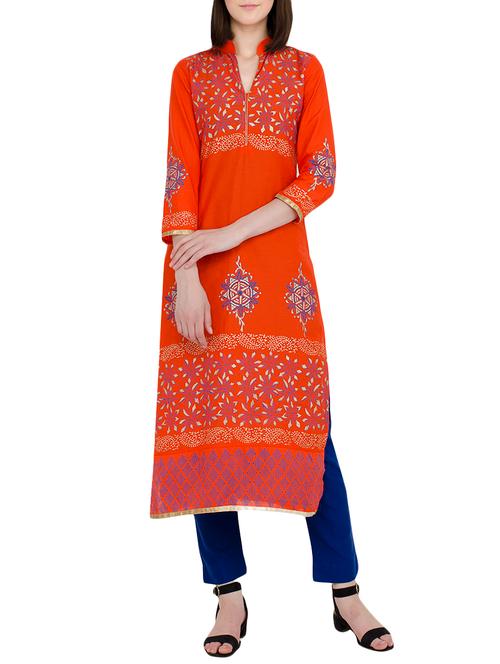 red cotton block printed straight kurta - 13722906 - Very Small Image - 1
