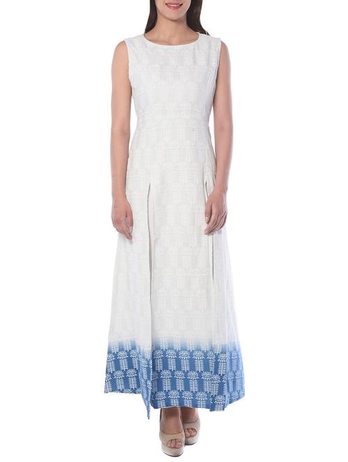 white cotton printed double slit kurta - 13724202 - Very Small Image - 1