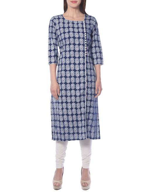 blue cotton printed straight kurta - 13724215 - Very Small Image - 1